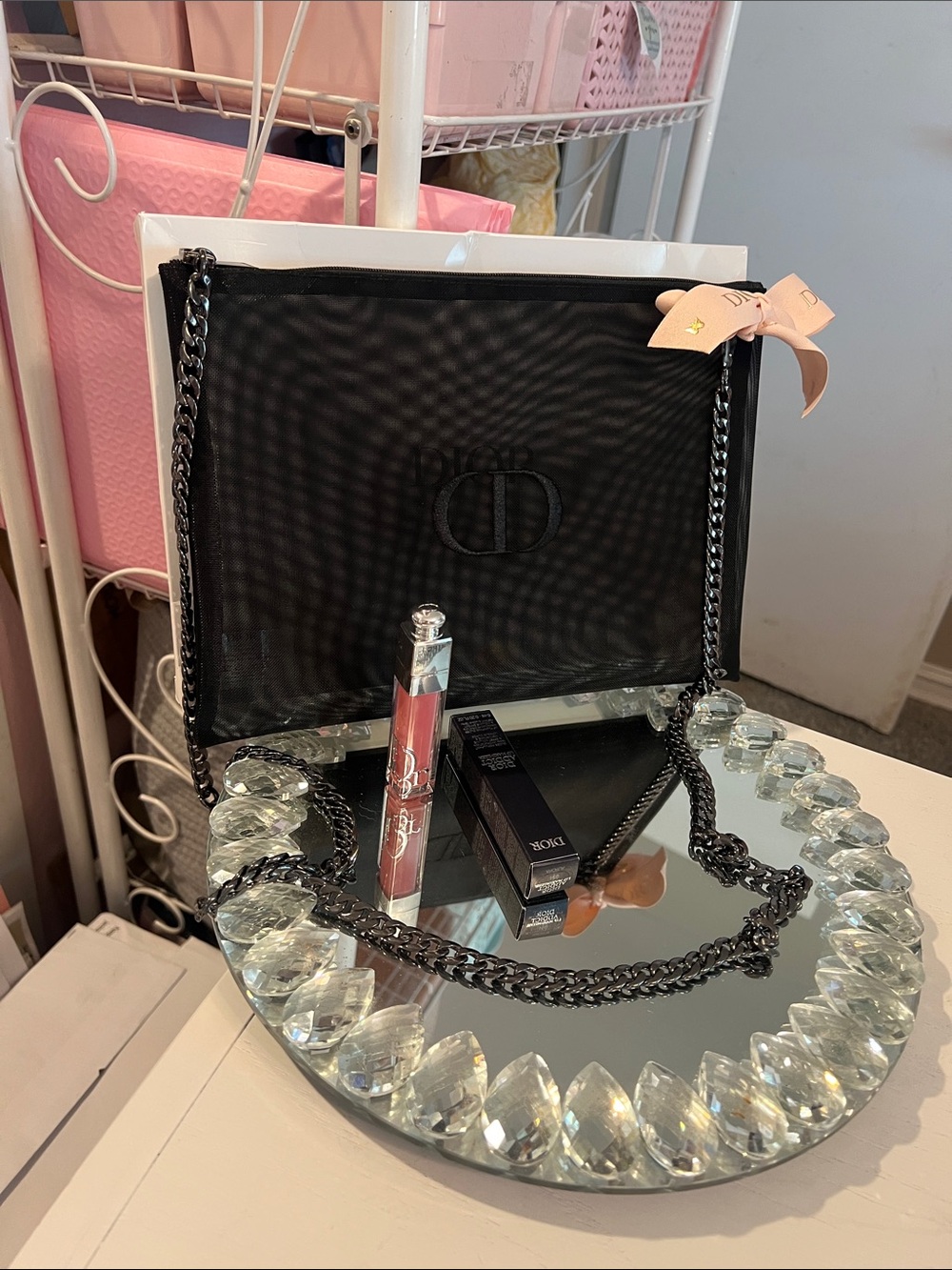Dior Black Pouch Chain Bag with Pink Ribbon/ Chain and Aurora Addict Lip Max